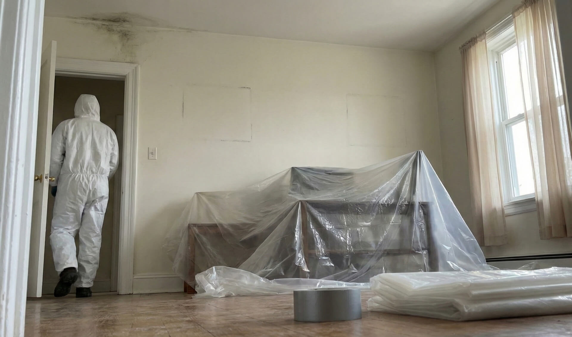 Suojapukuinen henkilö astuu huoneeseen, jossa on huonekalut peitetty muovilla ja seinässä näkyy tummia hometäpliä. Tila valmistellaan saneerausta varten, todennäköisesti homeenpoistoa varten.