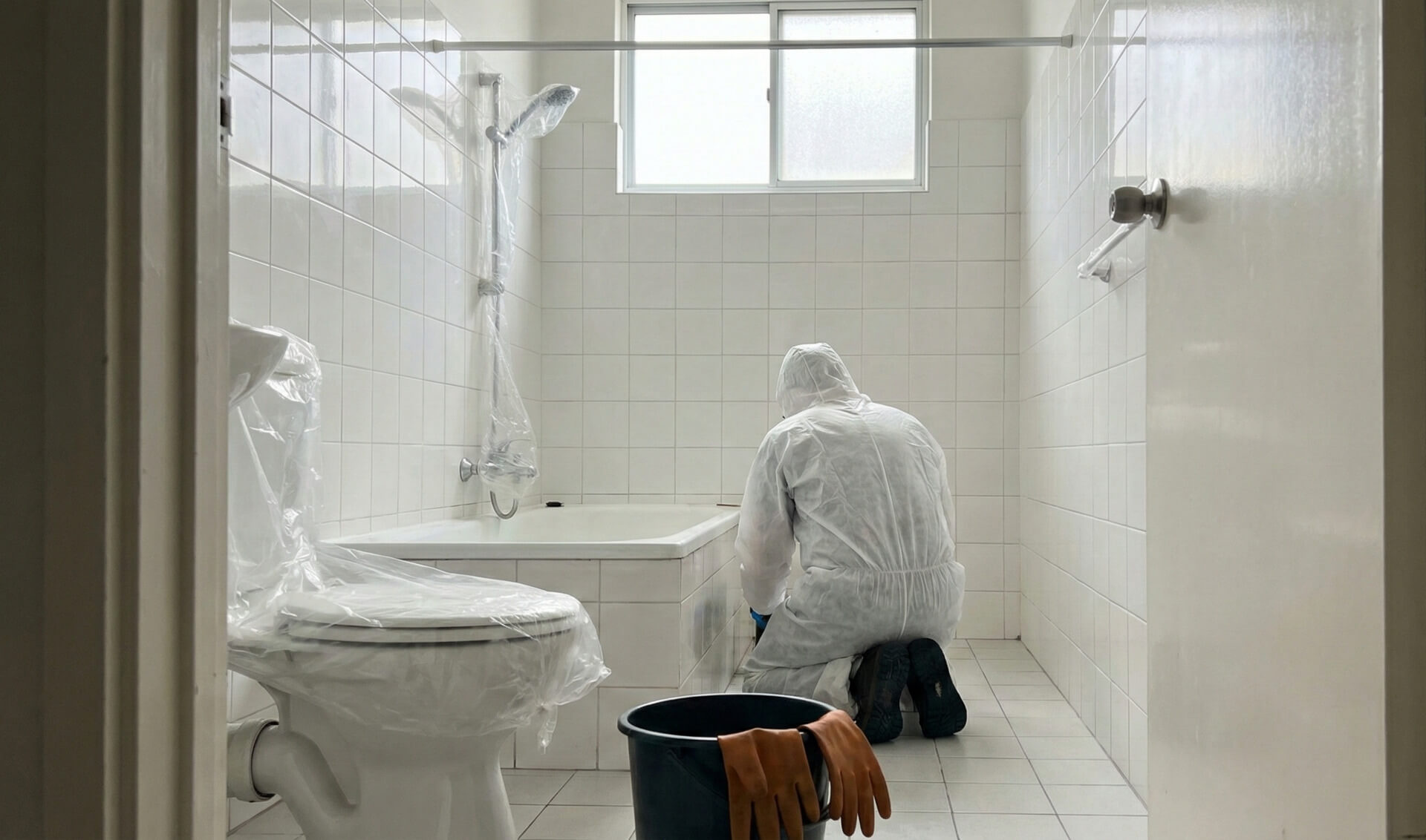 Suojapukuinen henkilö polvistuu valkoisessa kylpyhuoneessa kylpyammeen viereen, kun wc-istuin ja suihku on suojattu muovilla. Tämä kuvastaa meneillään olevaa saneerausta tai korjaustyötä kosteusvaurion vuoksi.
