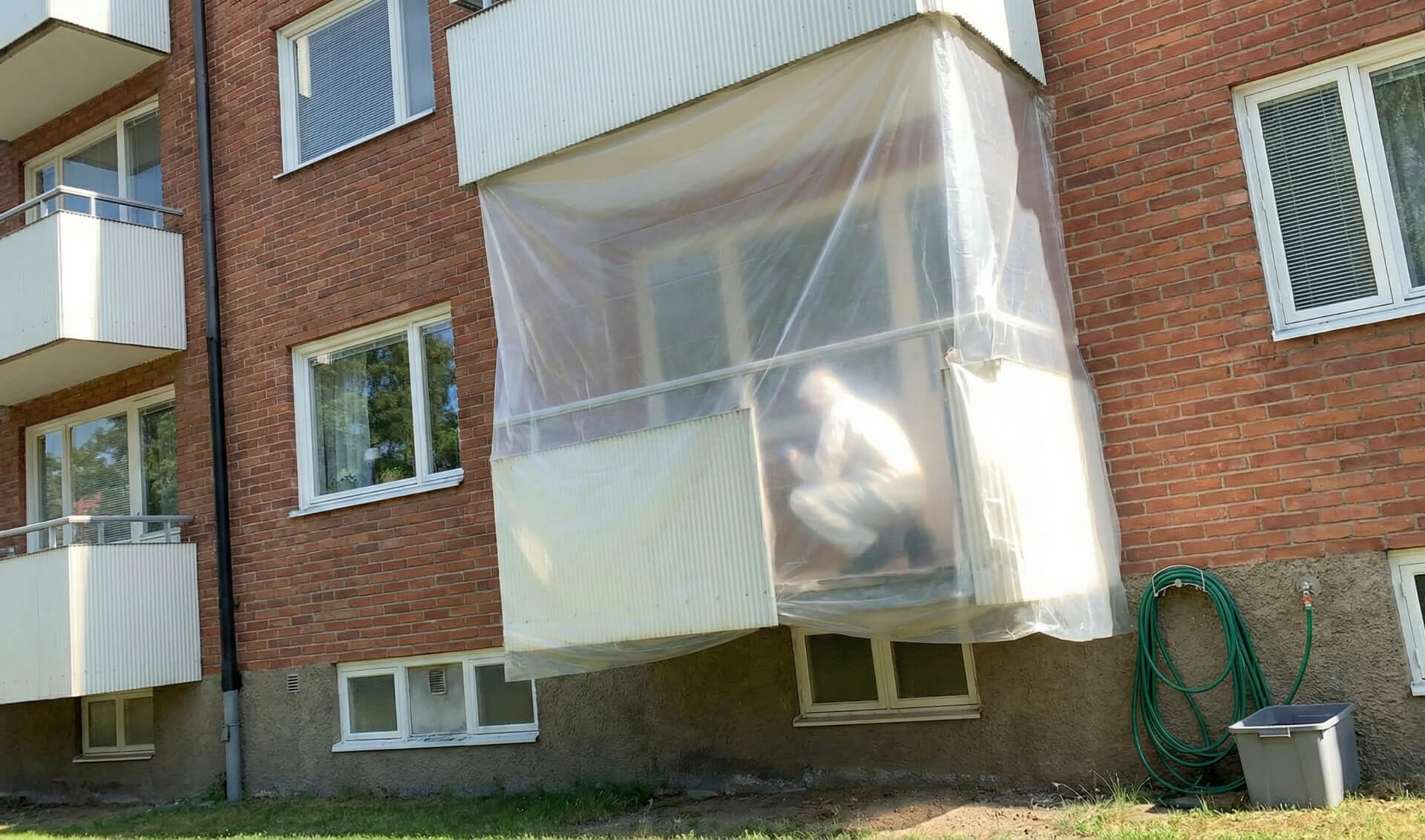 Työntekijä suojapuvussa tekee saneeraustöitä kerrostalon parvekkeella, joka on suojattu läpinäkyvällä muovipeitteellä ulkopuolelta. Tiiliseinää vasten oleva parveke on selvästi työn alla.